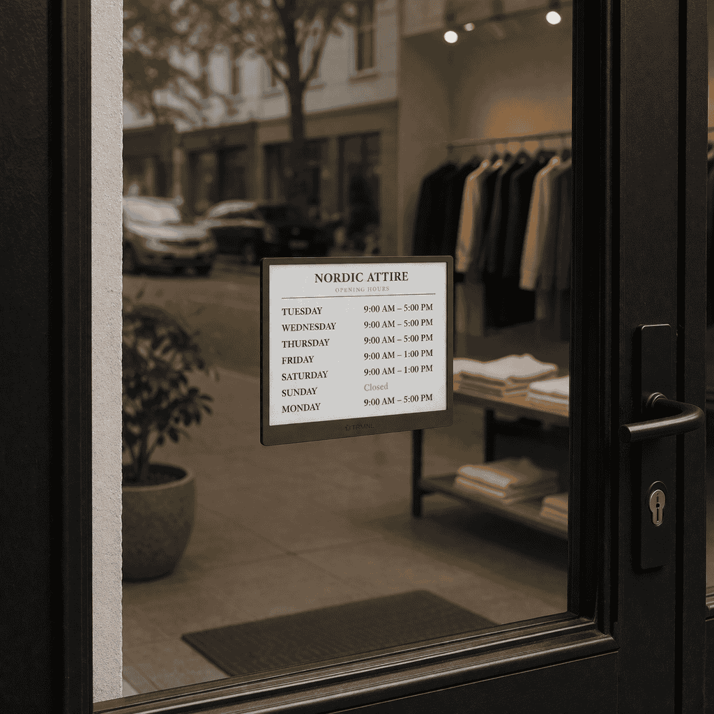TRMNL e-ink display showing opening hours, hanging in a retail store window
